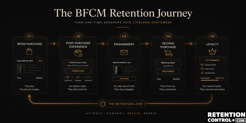BFCM customer retention journey from first purchase to repeat purchase