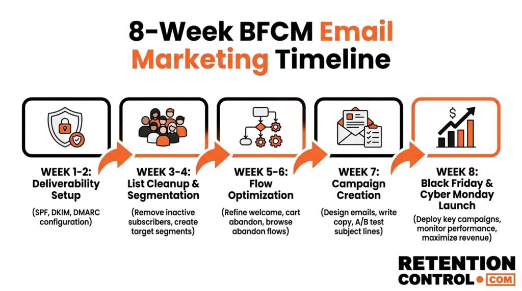 BFCM email marketing timeline showing deliverability, segmentation, campaign planning, and Black Friday execution phases