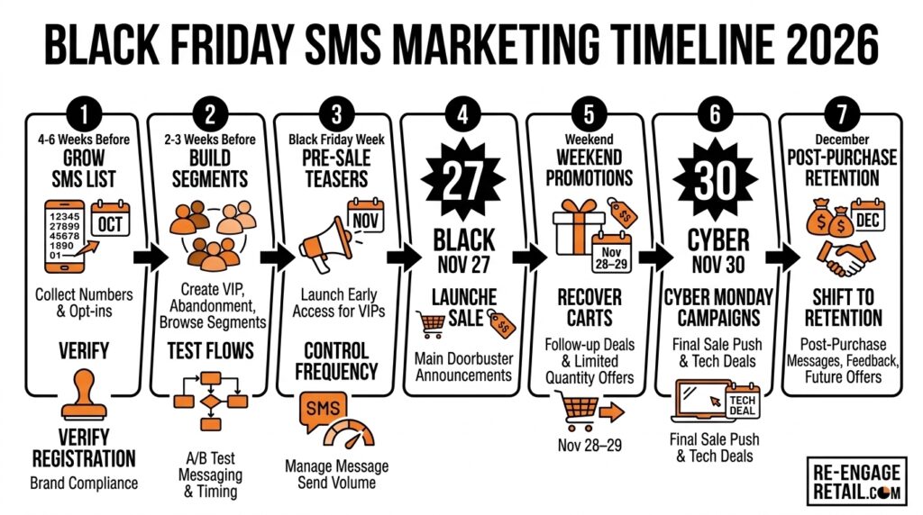 2026 Black Friday SMS marketing timeline from preparation to post-purchase