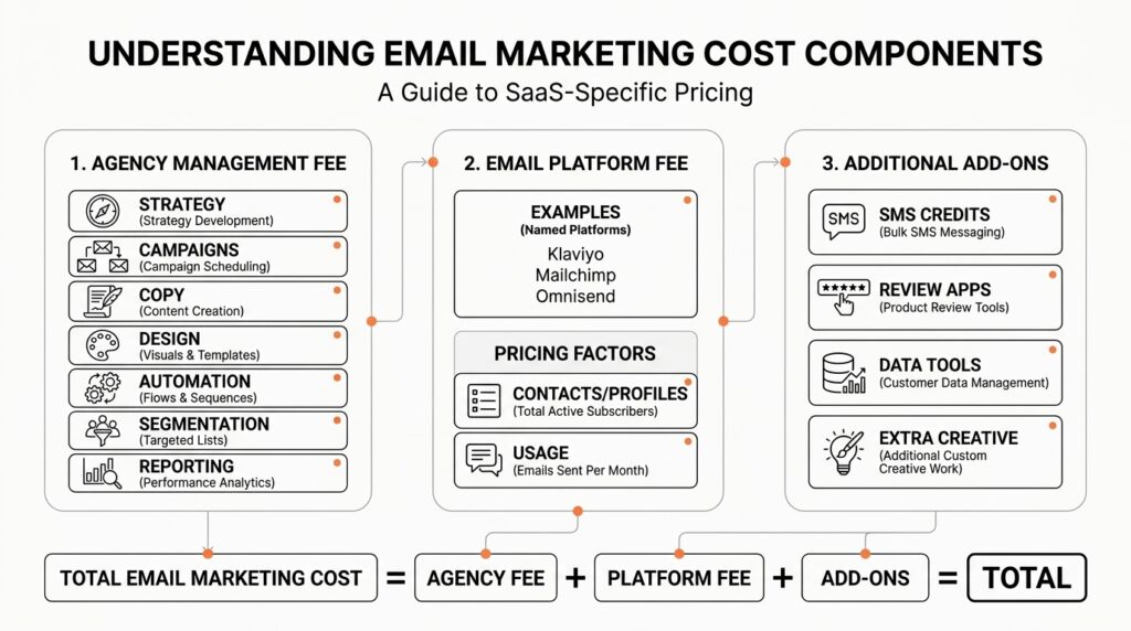 Difference between email marketing agency fees platform fees and add-on costs
