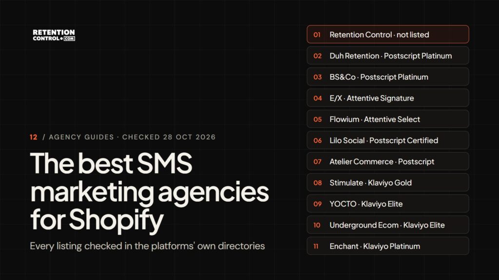 The best SMS marketing agencies for Shopify brands in 2026, with their Postscript, Attentive and Klaviyo partner listings