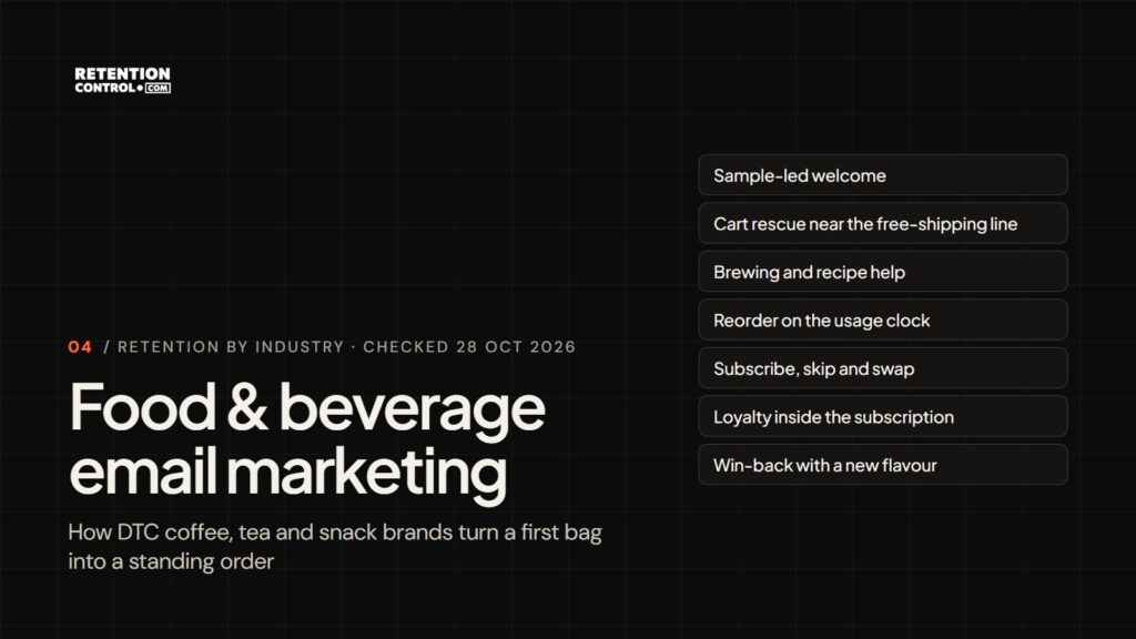 Food and beverage email marketing: the seven lifecycle stages a DTC coffee, tea or snack brand needs, from a sample-led welcome to a flavour-led win-back