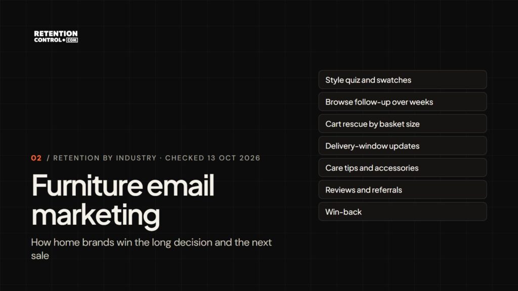 Furniture email marketing: the seven lifecycle stages a furniture or home brand needs, from style quiz to win-back